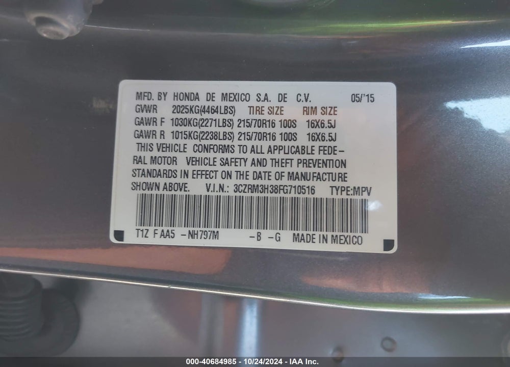2015 HONDA CR-V LX VIN: 3CZRM3H38FG710516