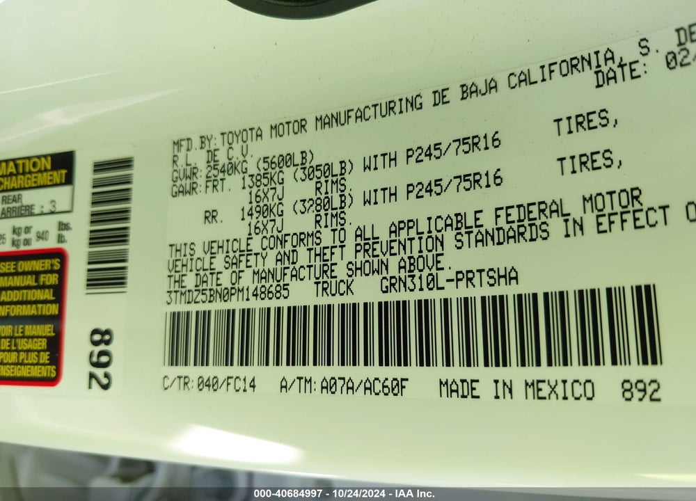 2023 TOYOTA TACOMA SR5 V6 VIN: 3TMDZ5BN0PM148685