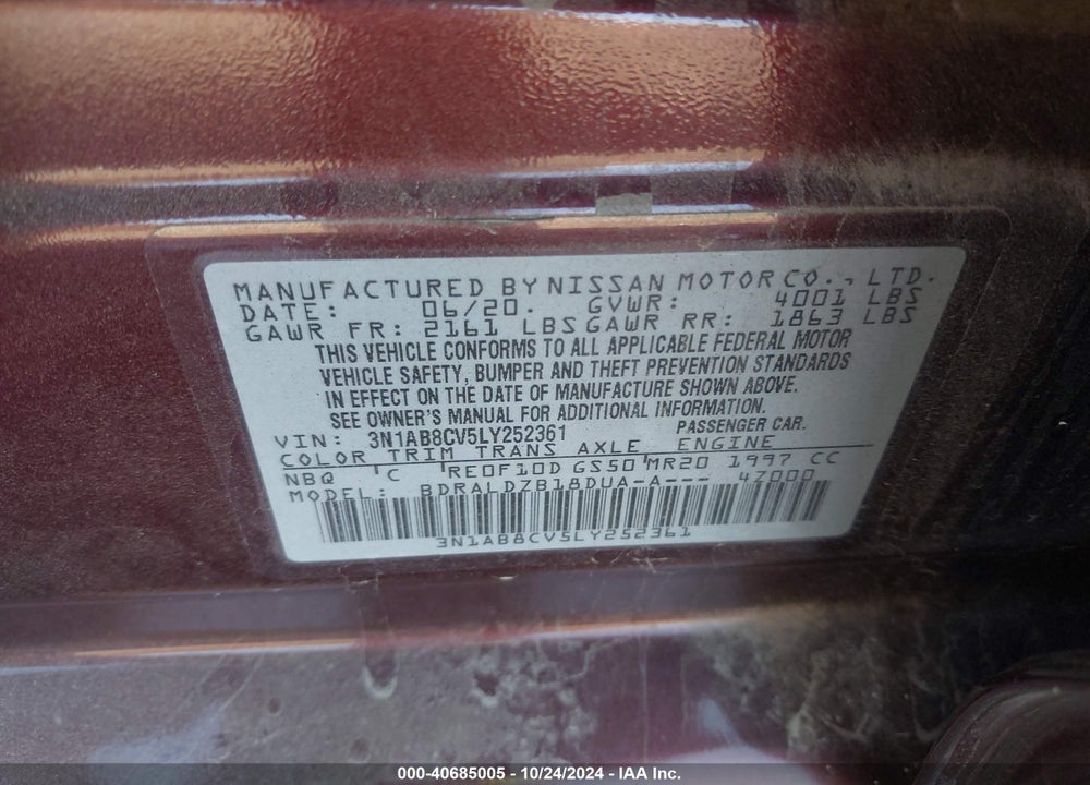 2020 NISSAN SENTRA SV XTRONIC CVT VIN: 3N1AB8CV5LY252361