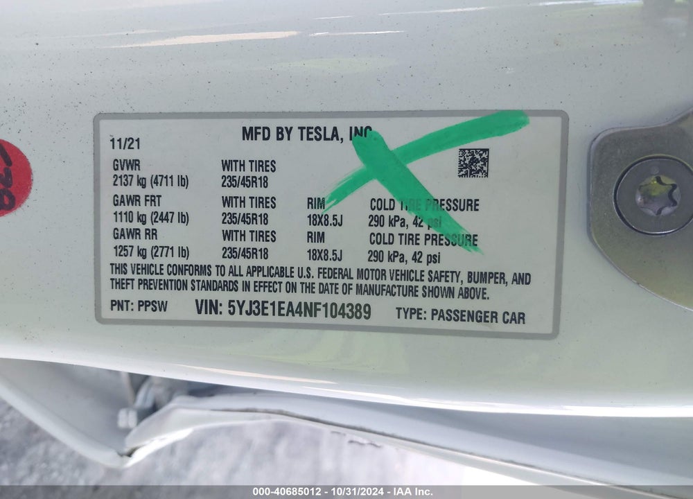 2022 TESLA MODEL 3 REAR-WHEEL DRIVE VIN: 5YJ3E1EA4NF104389