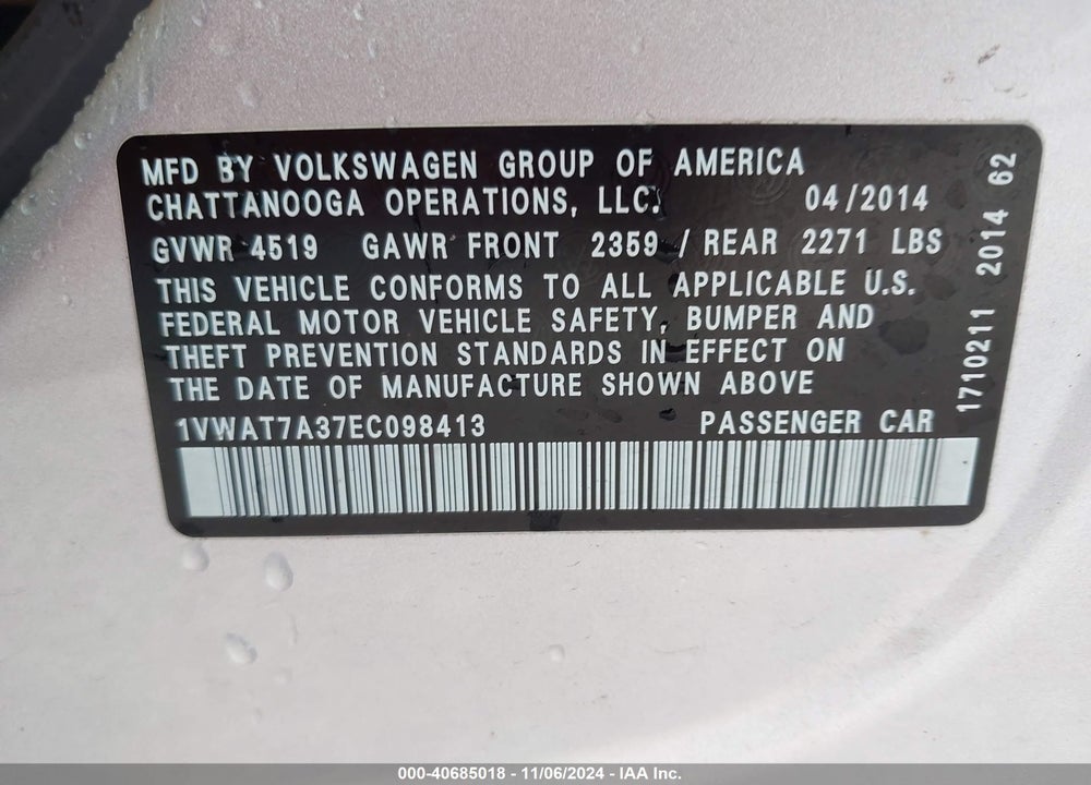 2014 VOLKSWAGEN PASSAT 1.8T WOLFSBURG EDITION VIN: 1VWAT7A37EC098413