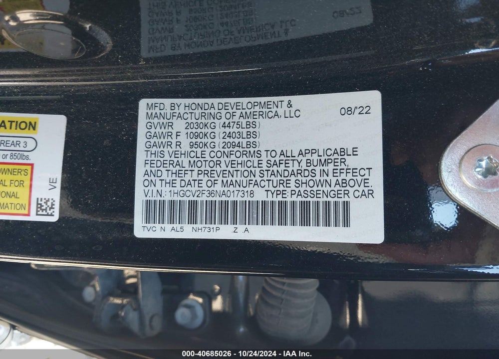 2022 HONDA ACCORD SPORT 2.0T VIN: 1HGCV2F36NA017318