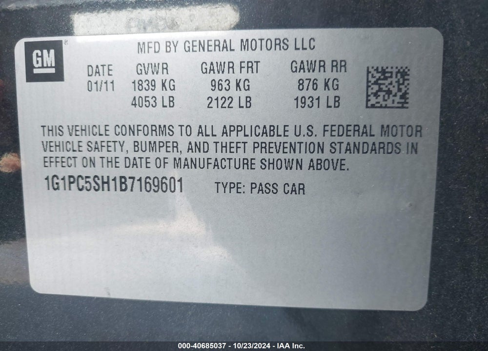 2011 CHEVROLET CRUZE LS VIN: 1G1PC5SH1B7169601