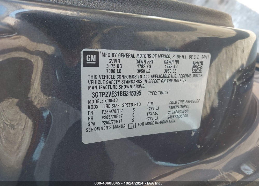 2011 GMC SIERRA 1500 SLE VIN: 3GTP2VE31BG315395