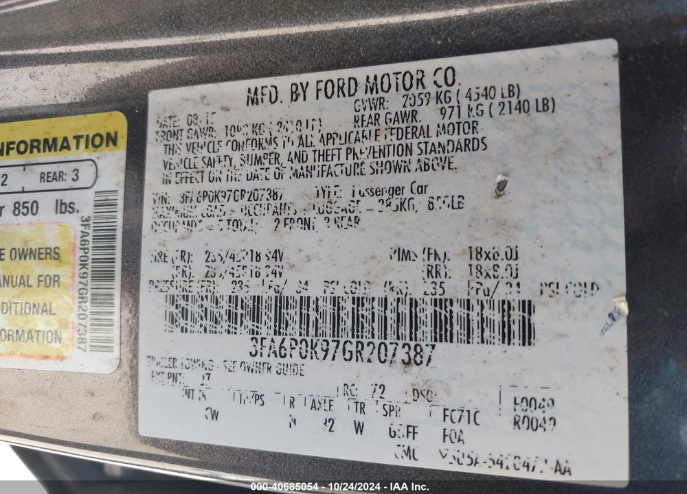 2016 FORD FUSION TITANIUM VIN: 3FA6P0K97GR207387