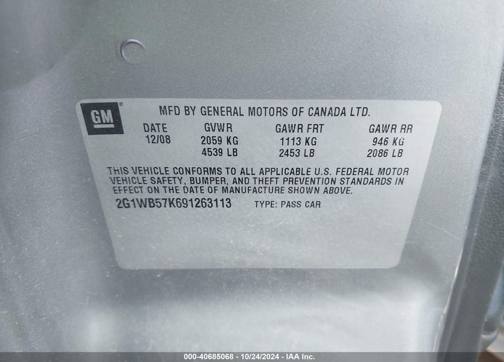 2009 CHEVROLET IMPALA LS VIN: 2G1WB57K691263113