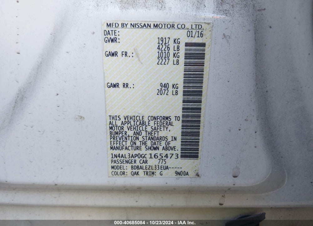 2016 NISSAN ALTIMA VIN: 1N4AL3AP0GC165473