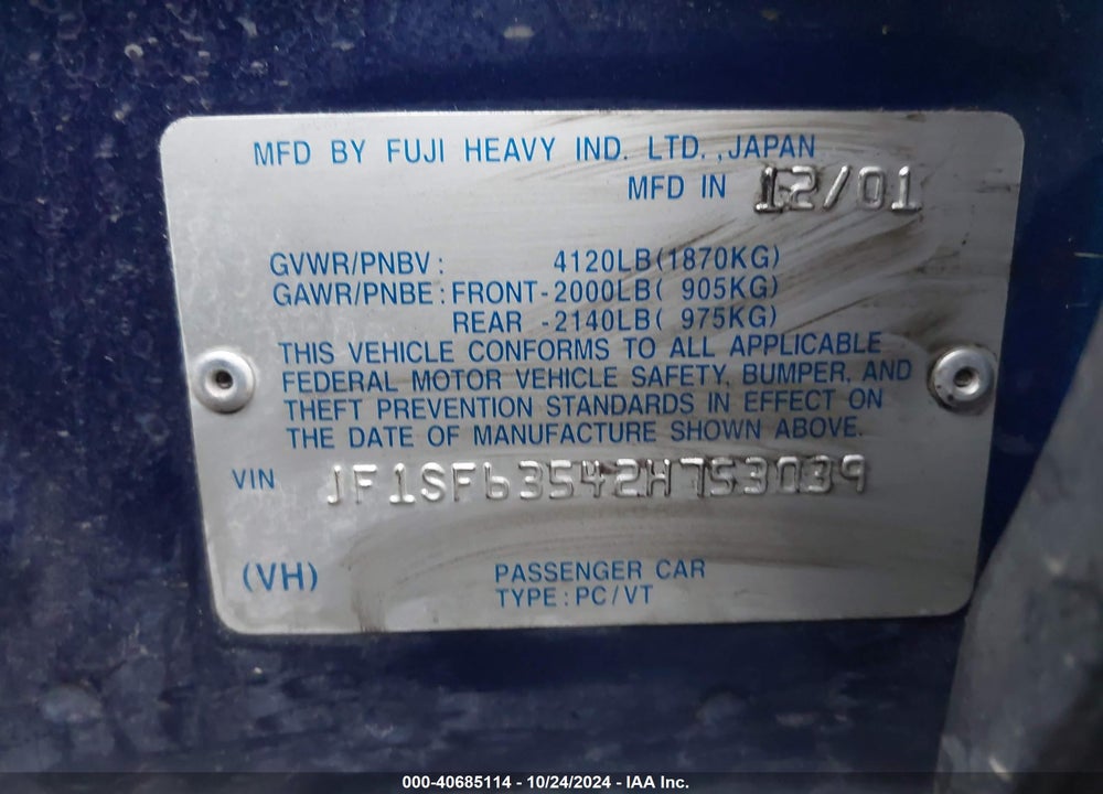 2002 SUBARU FORESTER L VIN: JF1SF63542H753039