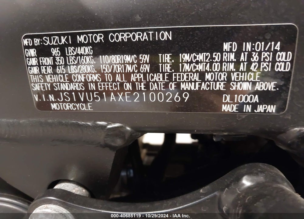 2014 SUZUKI DL1000 VIN: JS1VU51AXE2100269