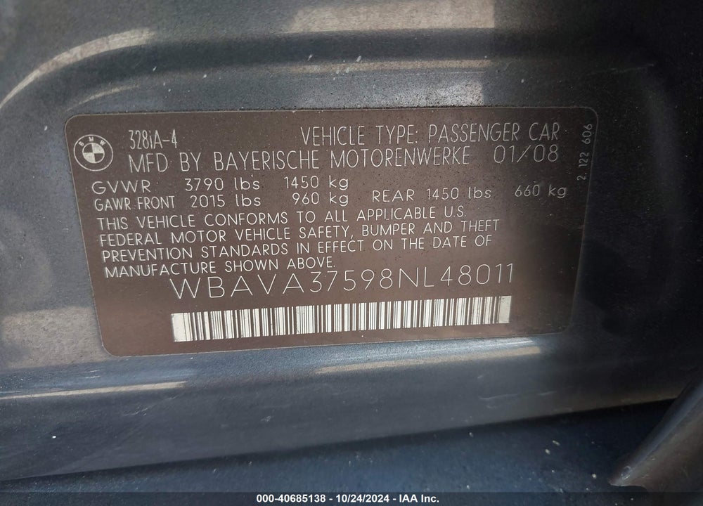 2008 BMW 328I VIN: WBAVA37598NL48011