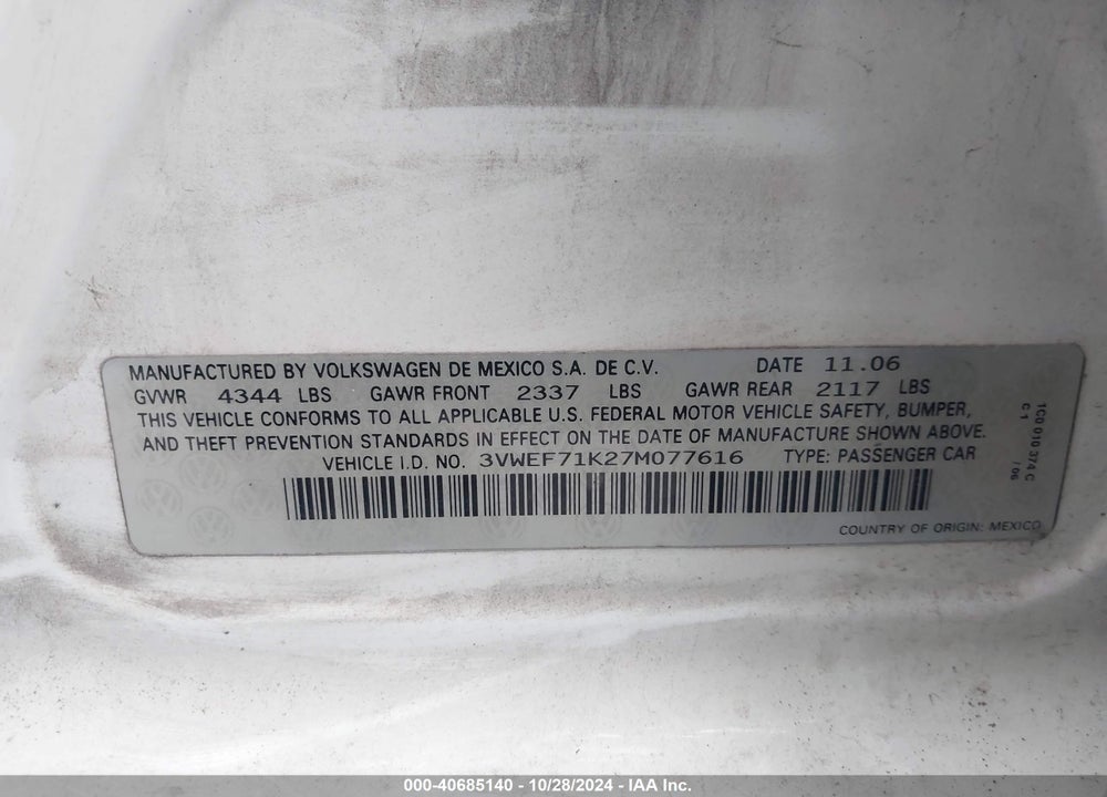 2007 VOLKSWAGEN JETTA WOLFSBURG EDITION VIN: 3VWEF71K27M077616