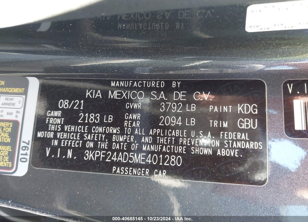 2021 KIA FORTE VIN: 3KPF24AD5ME401280