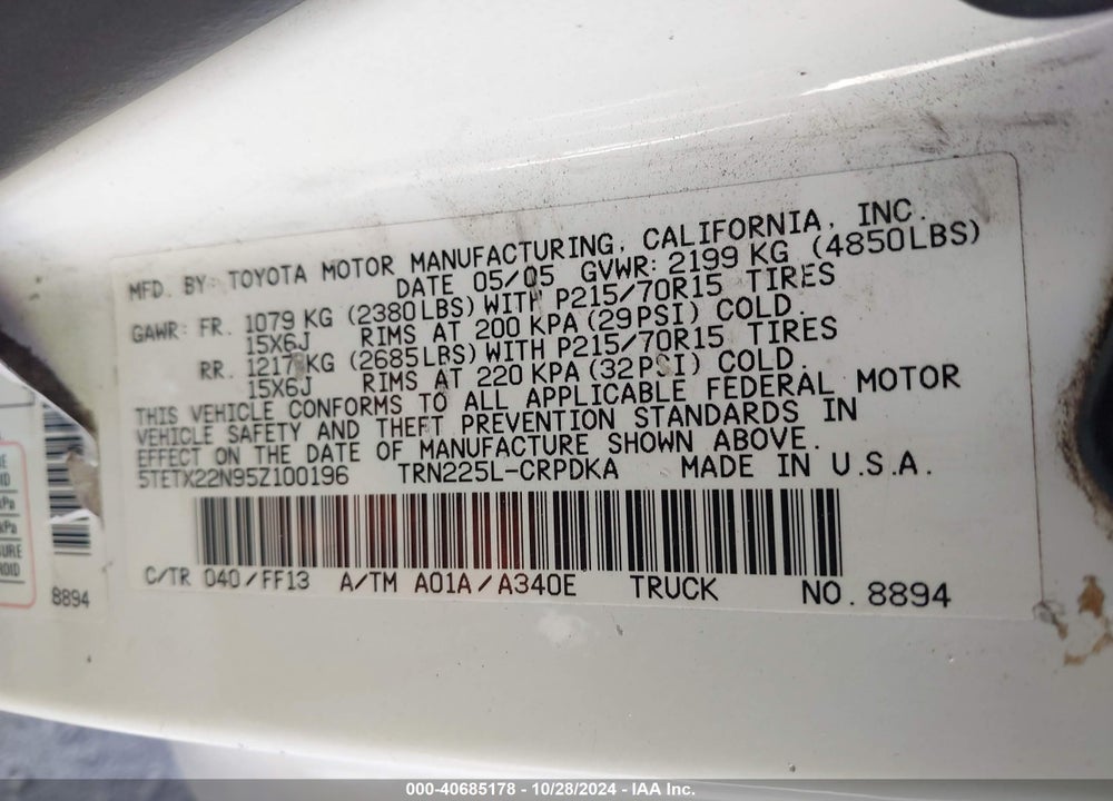2005 TOYOTA TACOMA VIN: 5TETX22N95Z100196