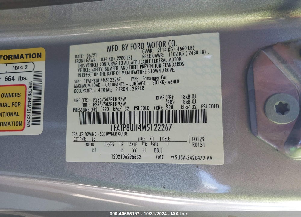 2021 FORD MUSTANG VIN: 1FATP8UH4M5122267