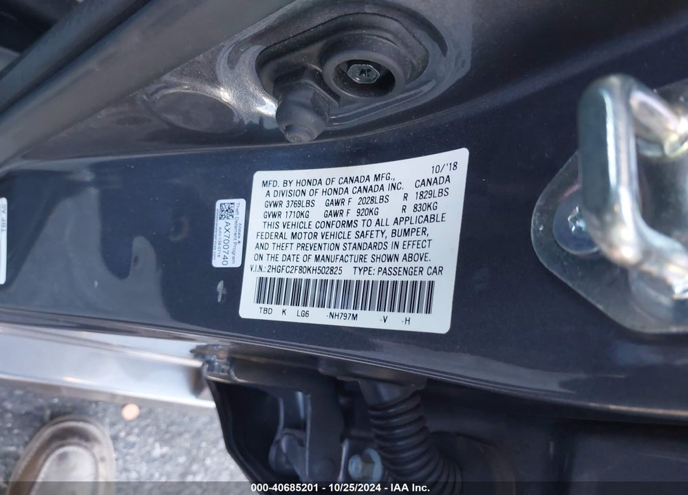 2019 HONDA CIVIC VIN: 2HGFC2F80KH502825