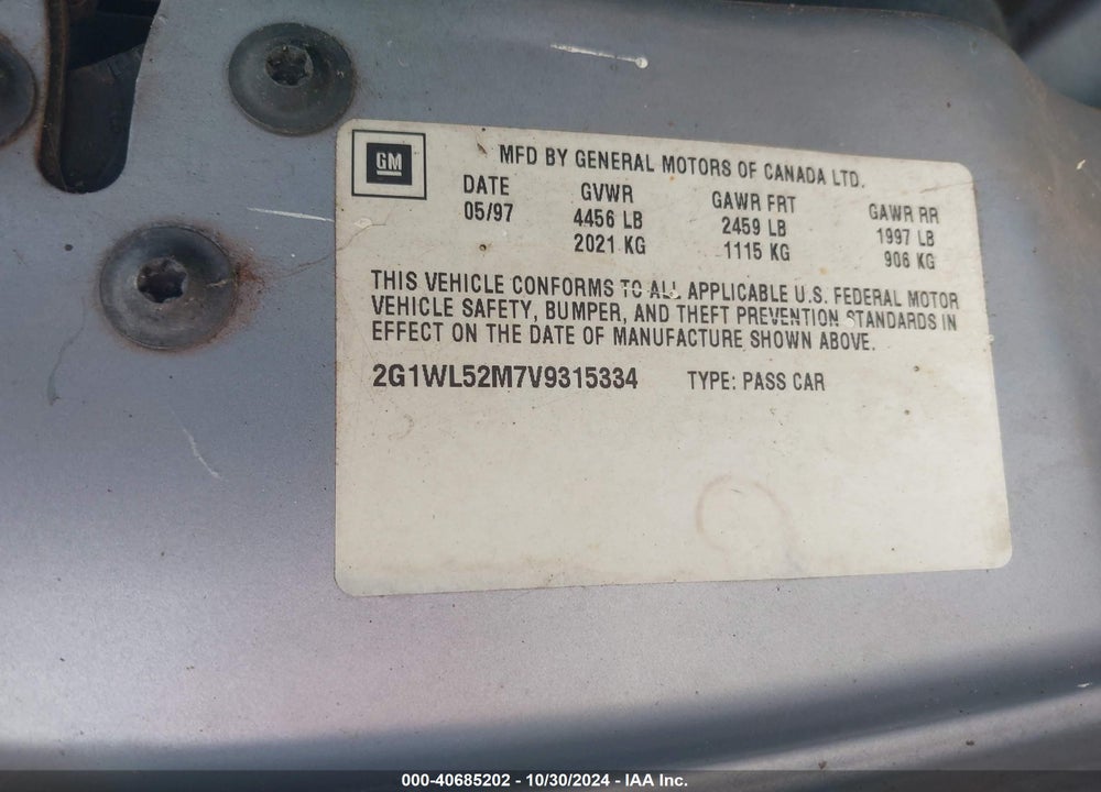 1997 CHEVROLET LUMINA VIN: 2G1WL52M7V9315334