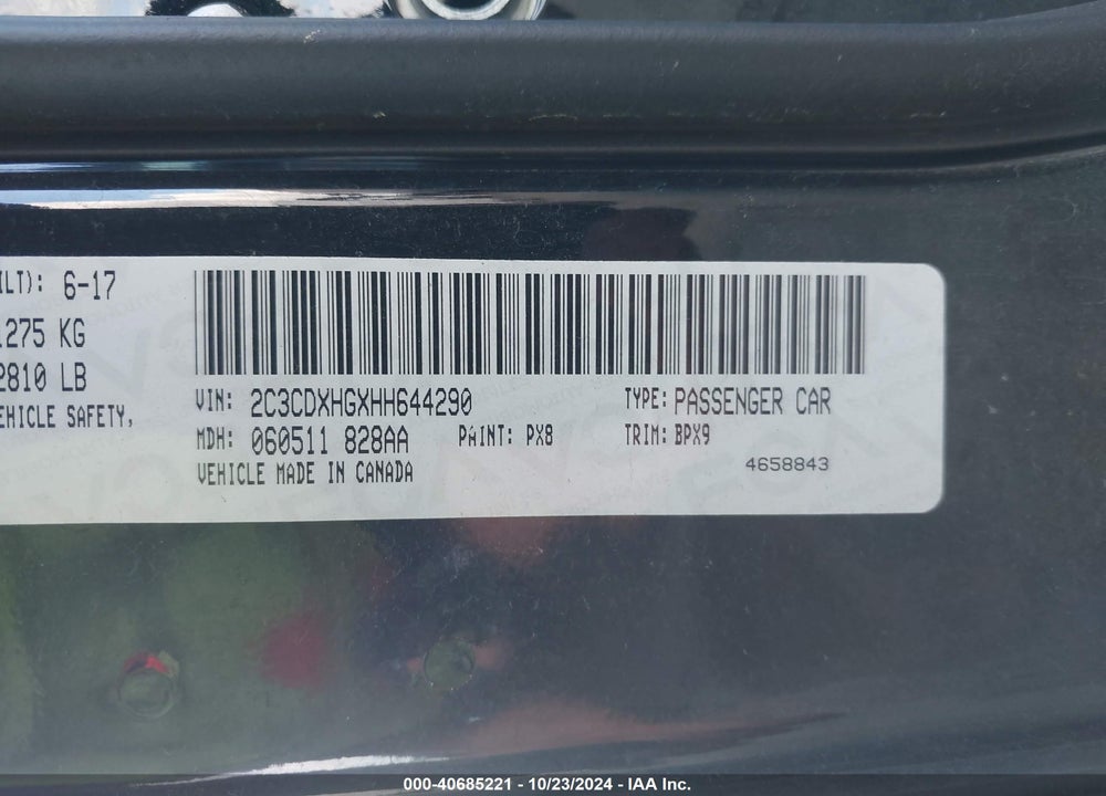 2017 DODGE CHARGER SXT RWD VIN: 2C3CDXHGXHH644290