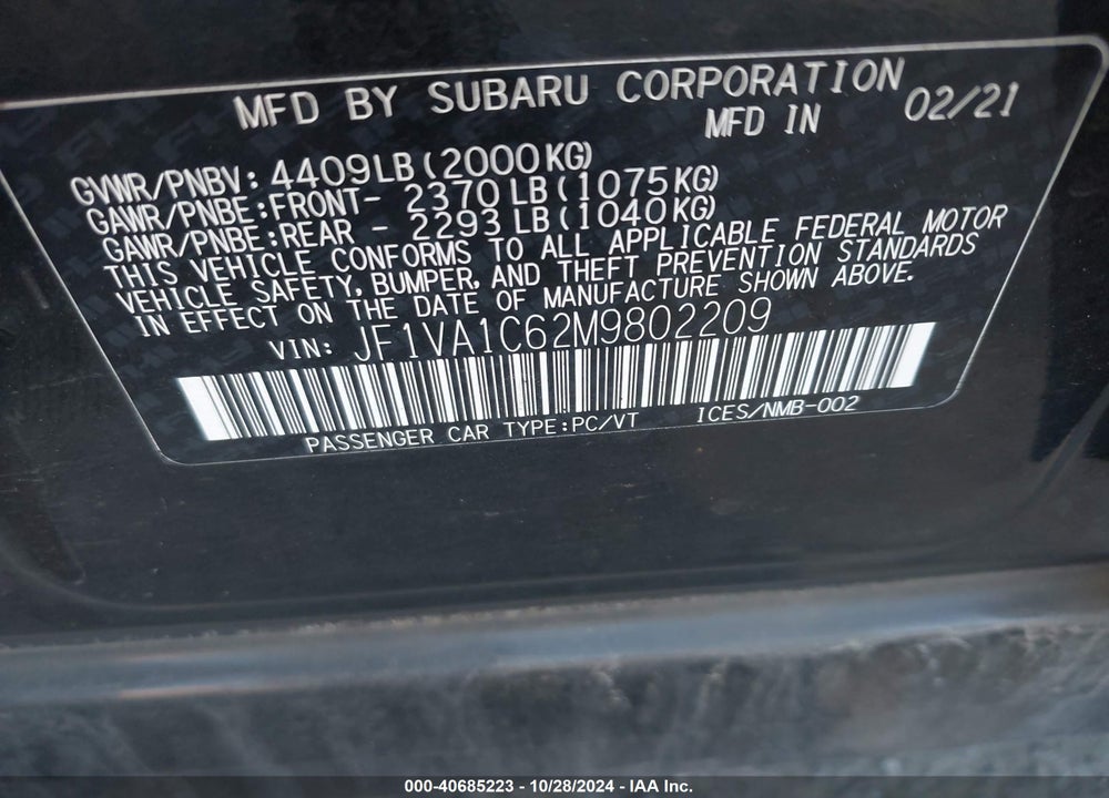 2021 SUBARU WRX PREMIUM VIN: JF1VA1C62M9802209