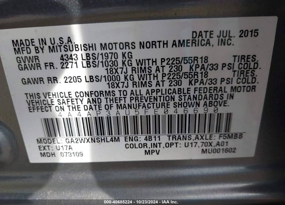 2015 MITSUBISHI OUTLANDER SPORT ES VIN: 4A4AP3AU5FE046690