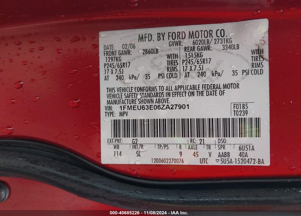 2006 FORD EXPLORER XLT VIN: 1FMEU63E06ZA27901
