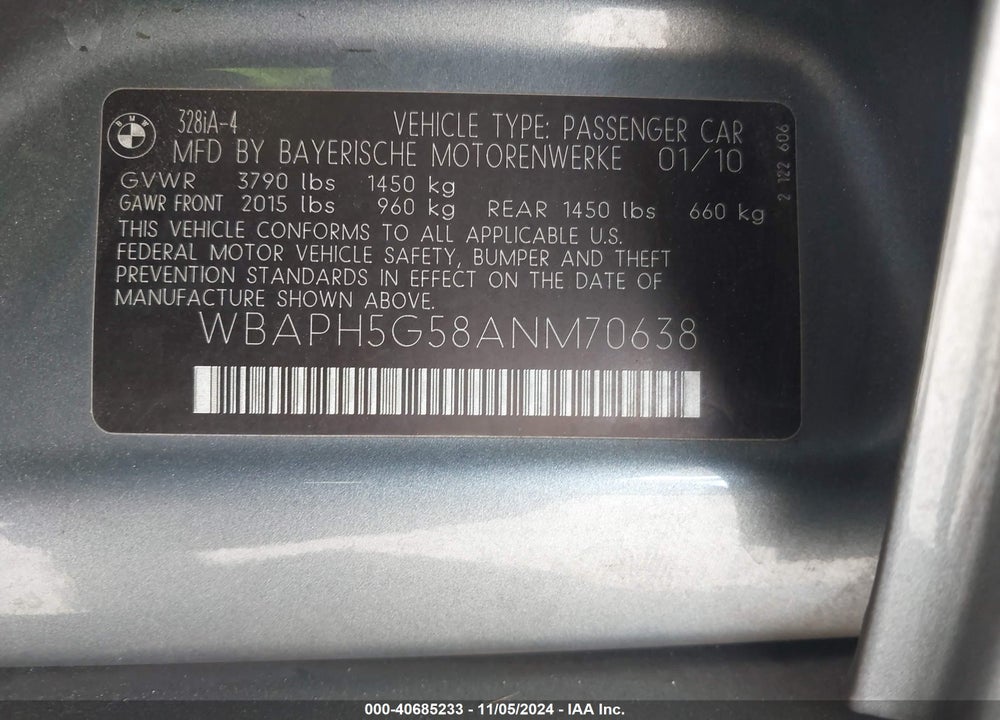 2010 BMW 328I VIN: WBAPH5G58ANM70638