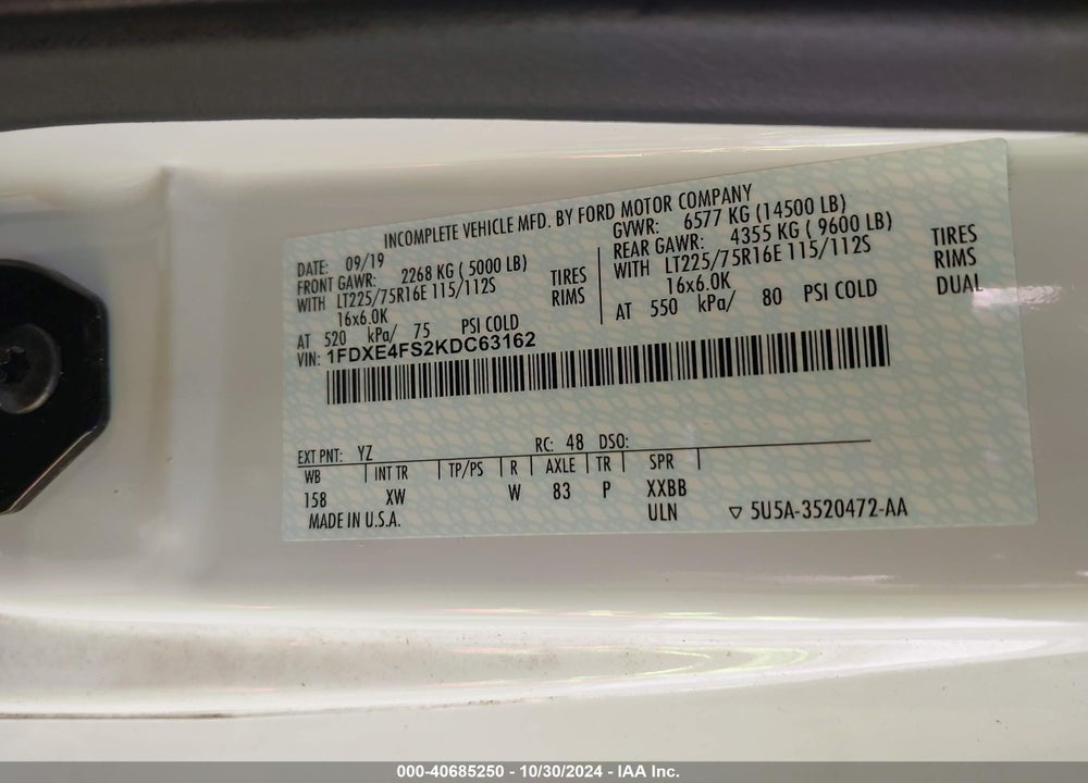2020 FORD E-450 CUTAWAY VIN: 1FDXE4FS2KDC63162
