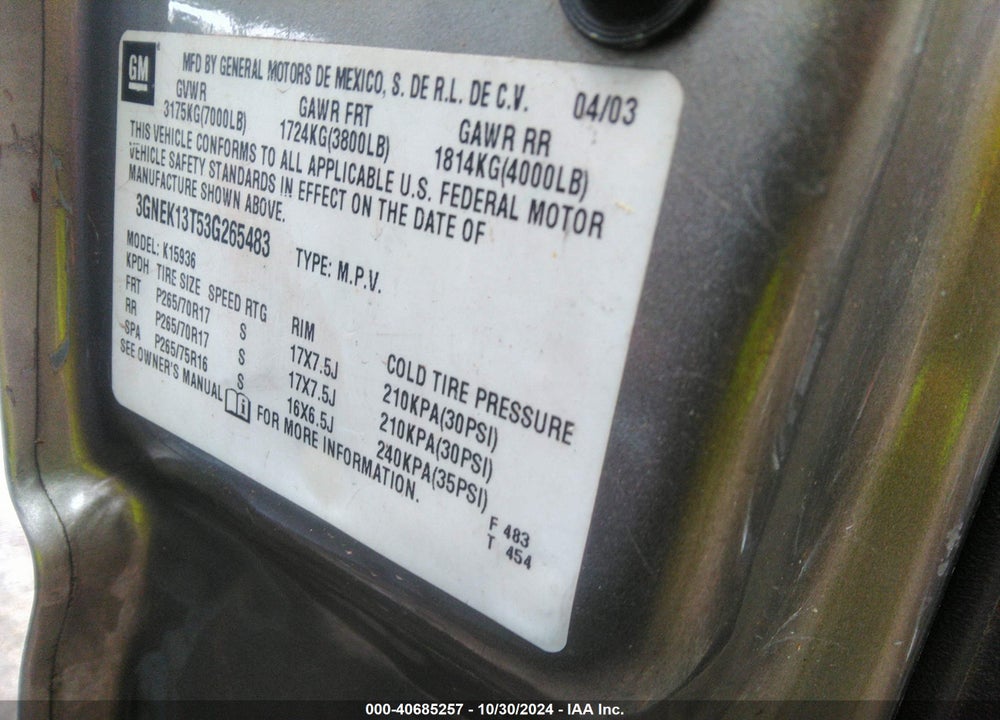 2003 CHEVROLET AVALANCHE 1500 VIN: 3GNEK13T53G265483