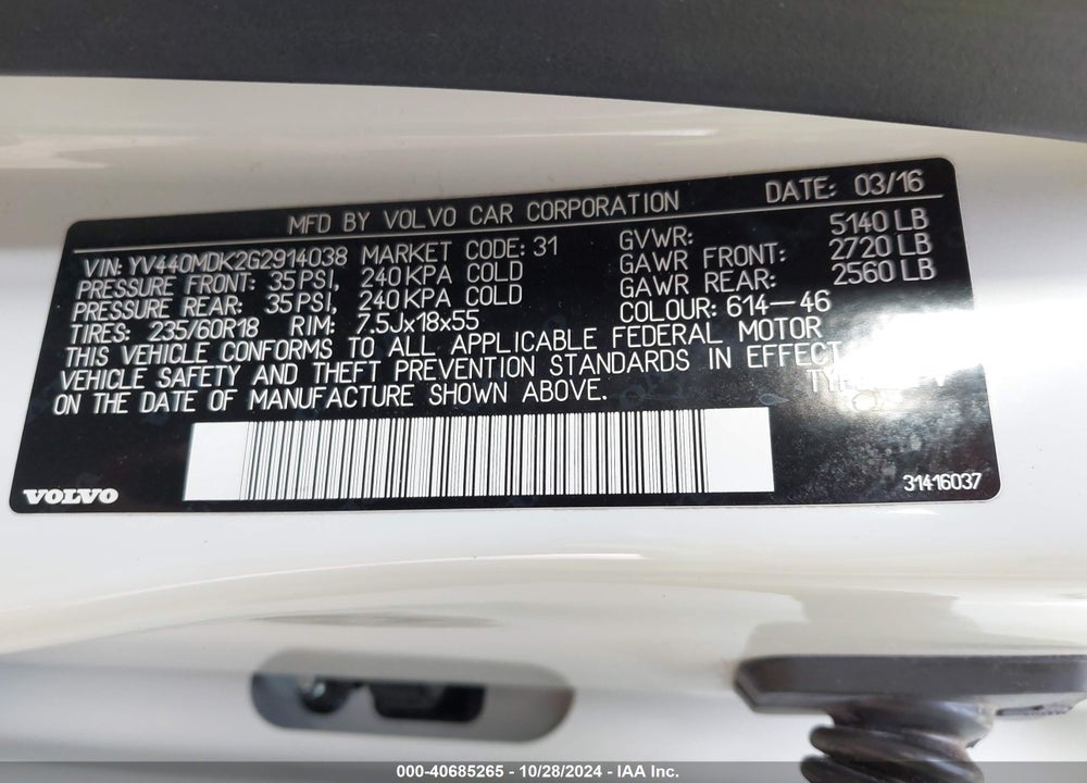 2016 VOLVO XC60 T5 DRIVE-E PREMIER VIN: YV440MDK2G2914038