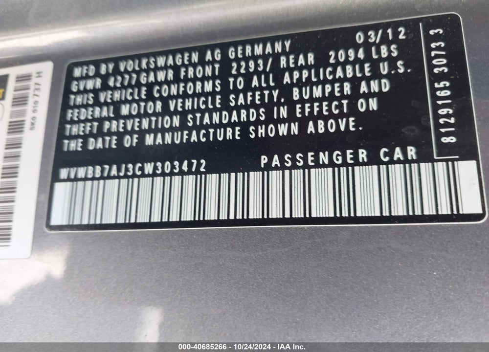 2012 VOLKSWAGEN GOLF 2.5L 2-DOOR VIN: WVWBB7AJ3CW303472