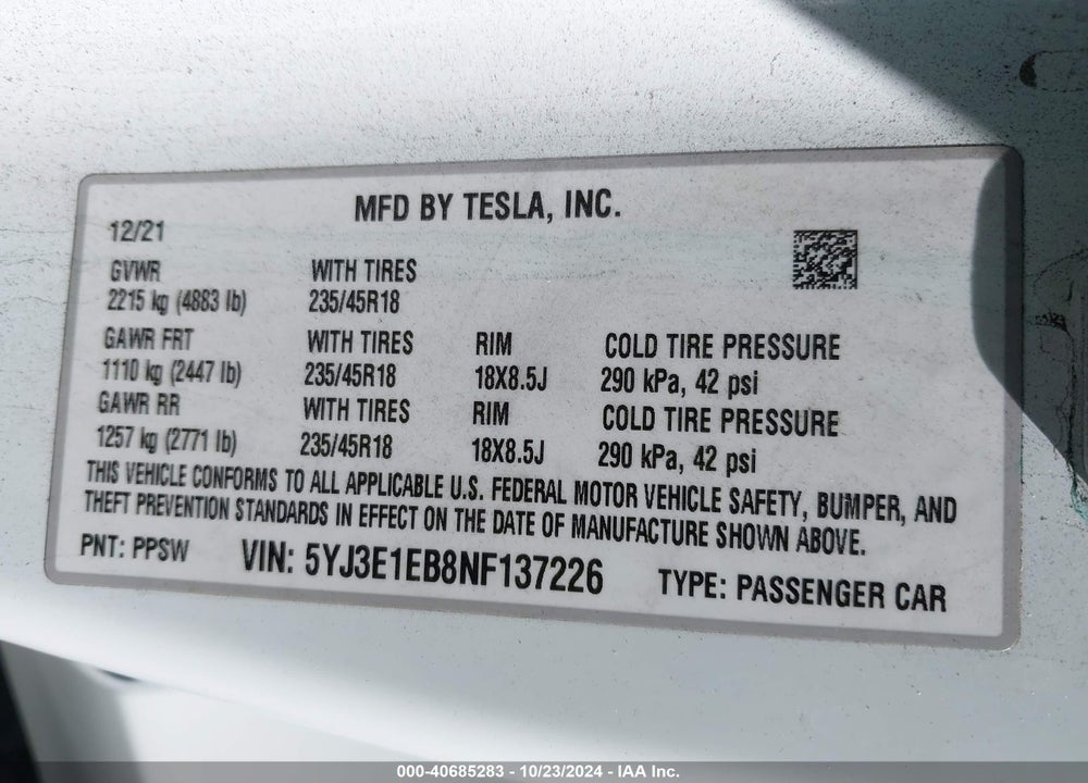 2022 TESLA MODEL 3 LONG RANGE DUAL MOTOR ALL-WHEEL DRIVE VIN: 5YJ3E1EB8NF137226