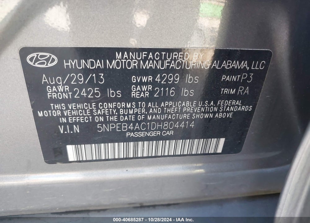 2013 HYUNDAI SONATA GLS VIN: 5NPEB4AC1DH804414