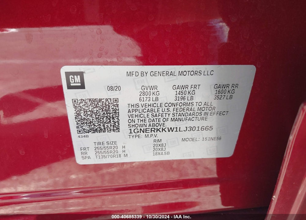 2020 CHEVROLET TRAVERSE FWD PREMIER VIN: 1GNERKKW1LJ301665