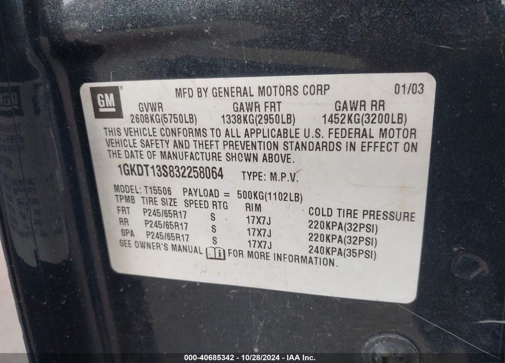 2003 GMC ENVOY SLE VIN: 1GKDT13S832258064