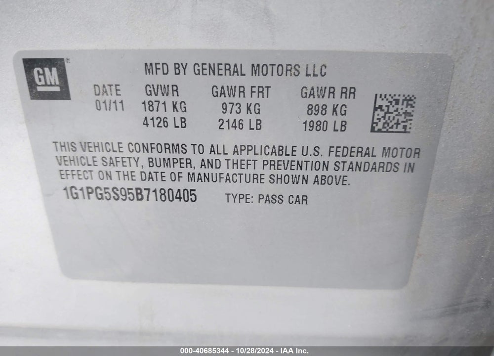 2011 CHEVROLET CRUZE VIN: 1G1PG5S95B7180405