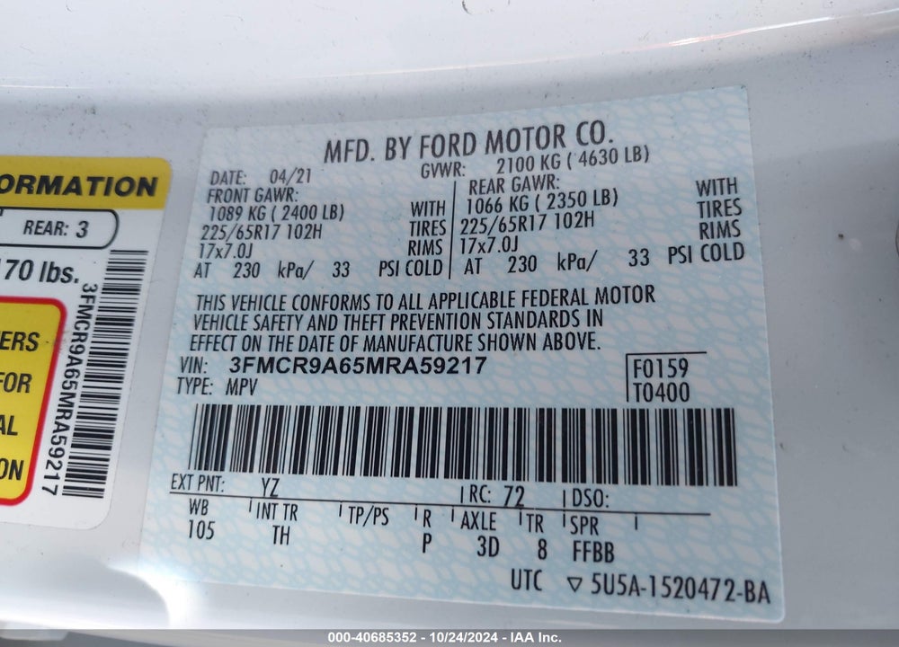 2021 FORD BRONCO SPORT VIN: 3FMCR9A65MRA59217