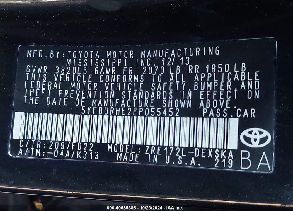 2014 TOYOTA COROLLA S PLUS VIN: 5YFBURHE2EP055452