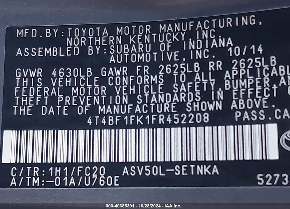 2015 TOYOTA CAMRY LE VIN: 4T4BF1FK1FR452208