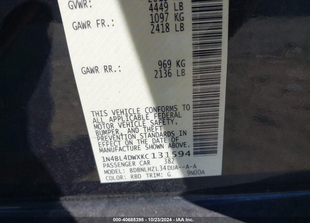 2019 NISSAN ALTIMA 2.5 SV VIN: 1N4BL4DWXKC131594