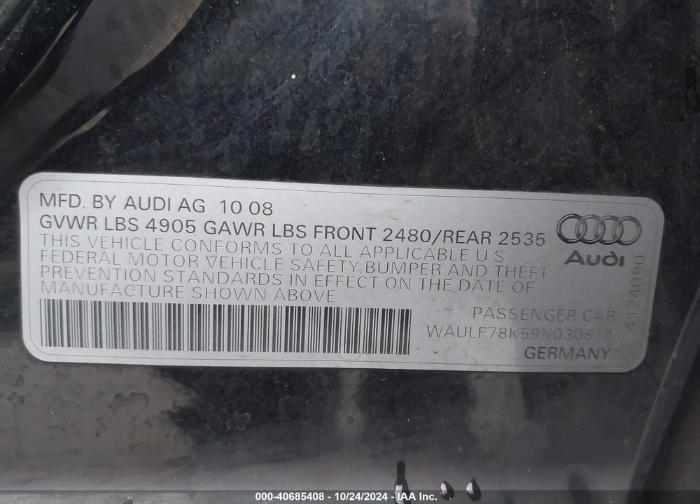 2009 AUDI A4 2.0T PREMIUM VIN: WAULF78K59N030814