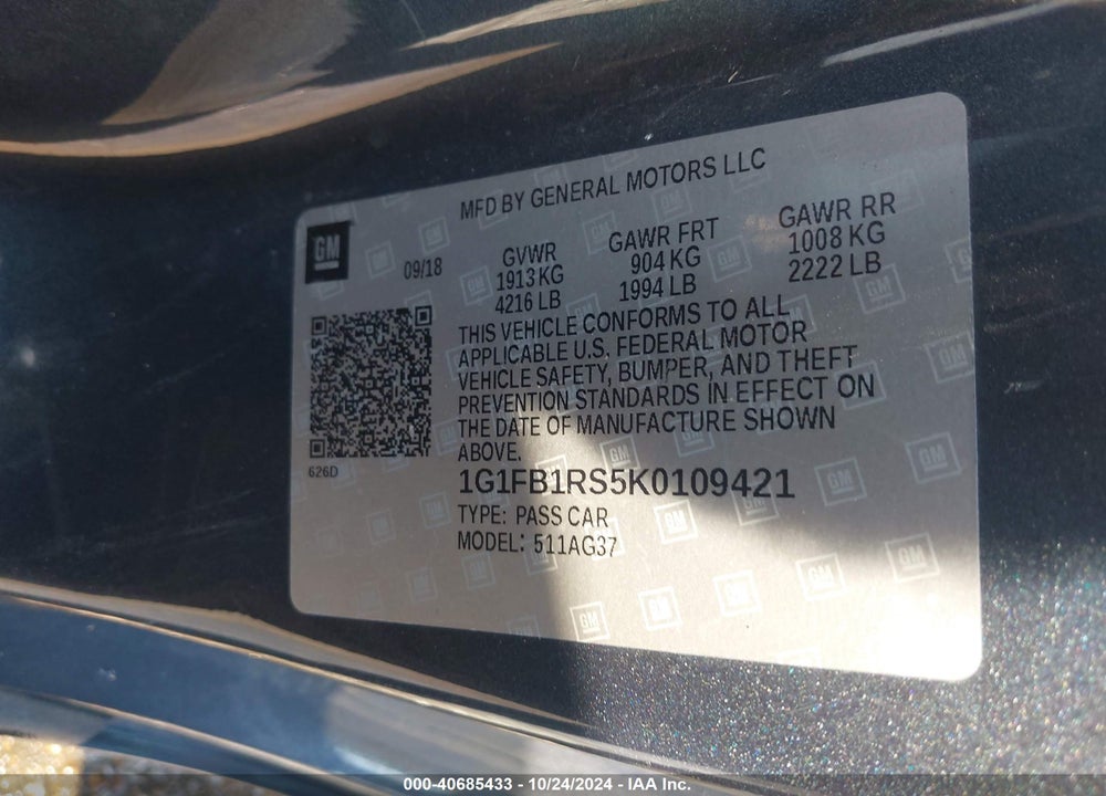 2019 CHEVROLET CAMARO 1LT VIN: 1G1FB1RS5K0109421