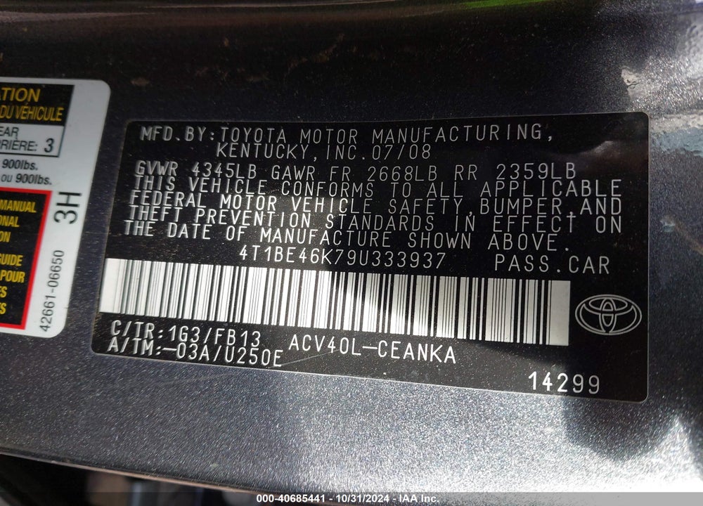 2009 TOYOTA CAMRY LE VIN: 4T1BE46K79U333937