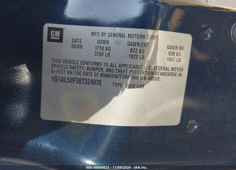 2008 CHEVROLET COBALT LT VIN: 1G1AL58F387324976
