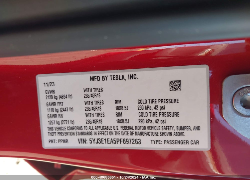 2023 TESLA MODEL 3 VIN: 5YJ3E1EA5PF697263