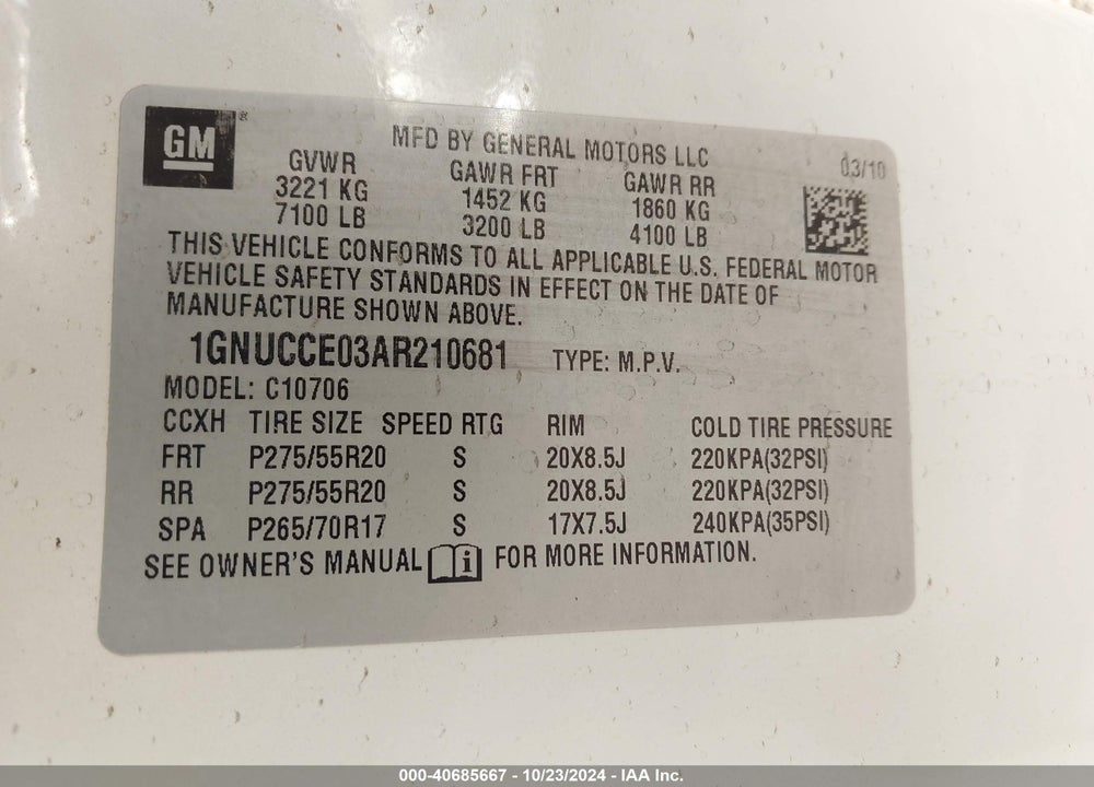 2010 CHEVROLET TAHOE LTZ VIN: 1GNUCCE03AR210681