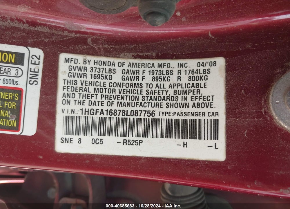 2008 HONDA CIVIC EX VIN: 1HGFA16878L087756