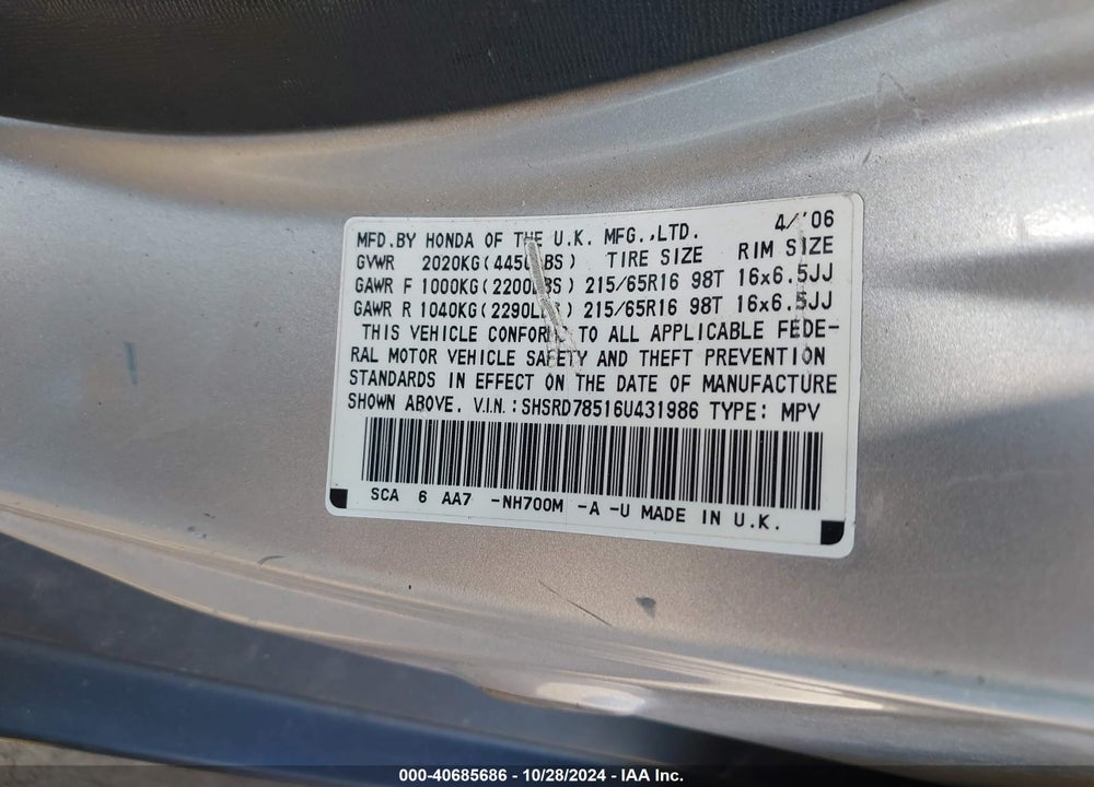 2006 HONDA CR-V LX VIN: SHSRD78516U431986