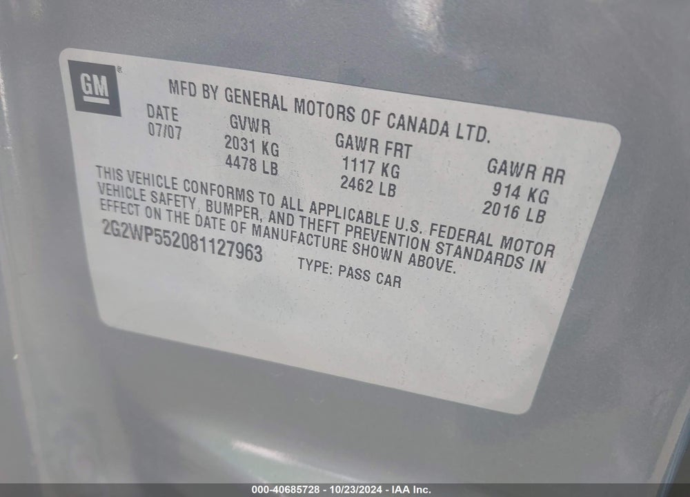 2008 PONTIAC GRAND PRIX VIN: 2G2WP552081127963