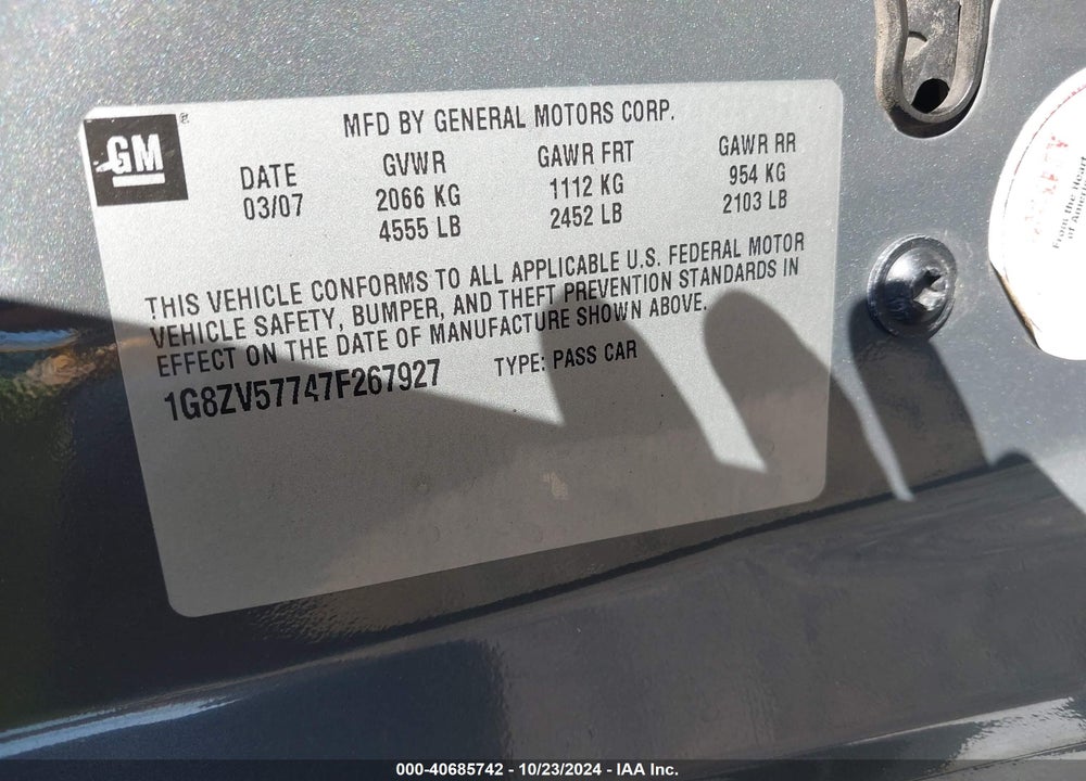 2007 SATURN AURA XR VIN: 1G8ZV57747F267927