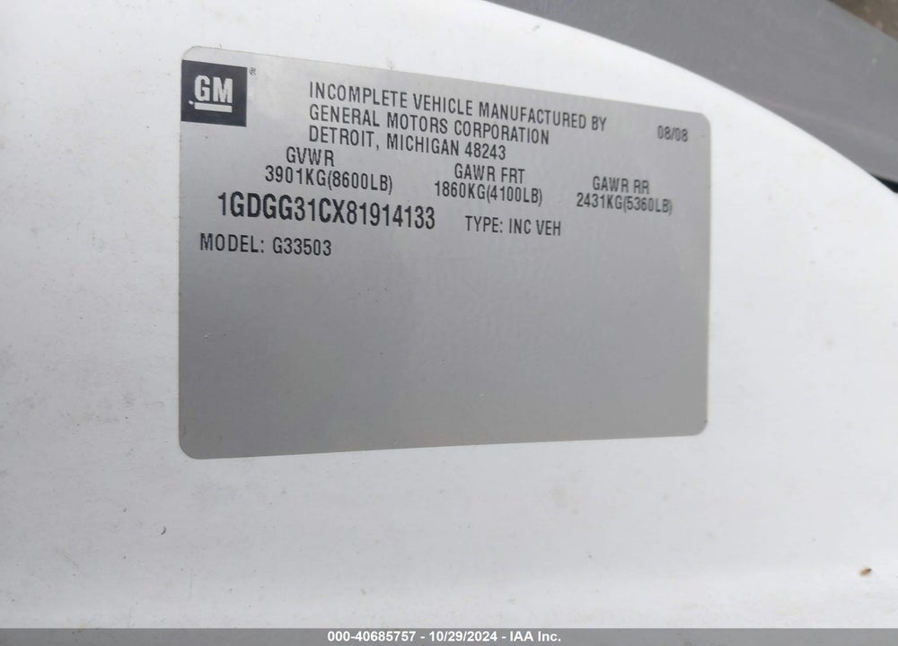 2008 GMC SAVANA CUTAWAY WORK VAN VIN: 1GDGG31CX81914133