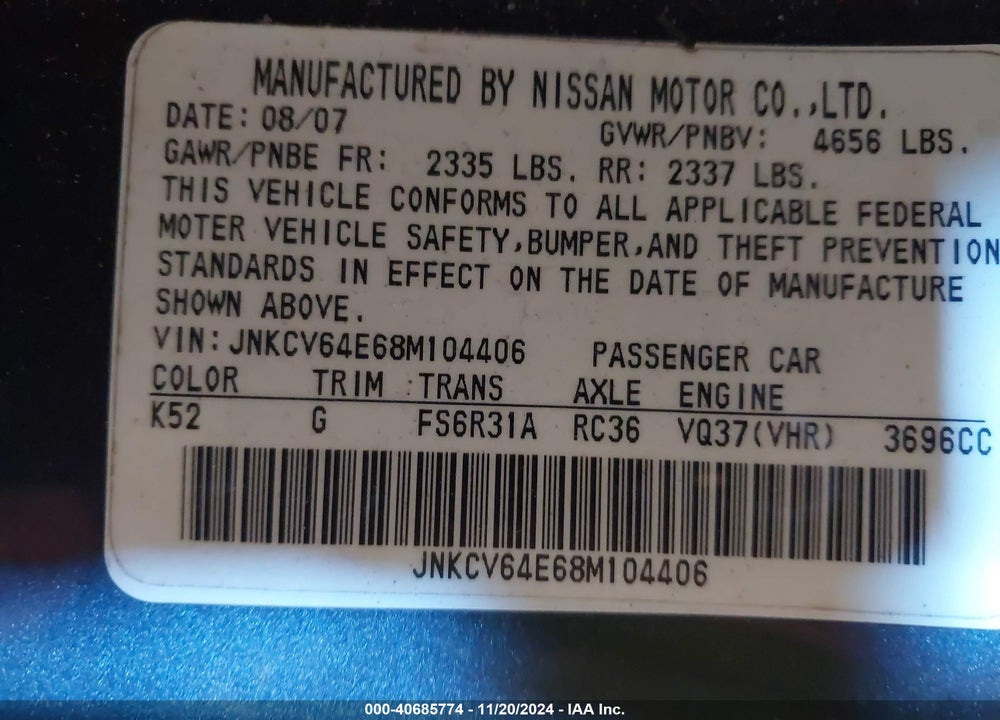 2008 INFINITI G37 SPORT VIN: JNKCV64E68M104406